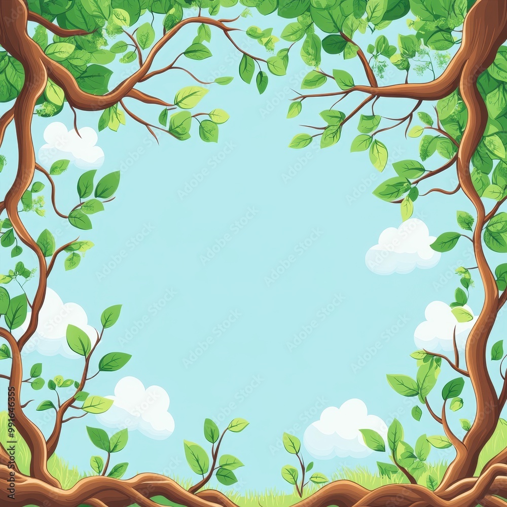 A vibrant illustration of leafy branches framing a clear blue sky, perfect for nature-themed projects and backgrounds, greeting card with copy space in the middle A vibrant illustration of leafy branches framing a clear blue sky, perfect for nature-themed projects and backgrounds, greeting card with copy space in the middle