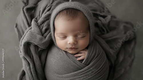 Top View of a NewBorn Baby Wrapped in Gray Cloth Generative Ai Image