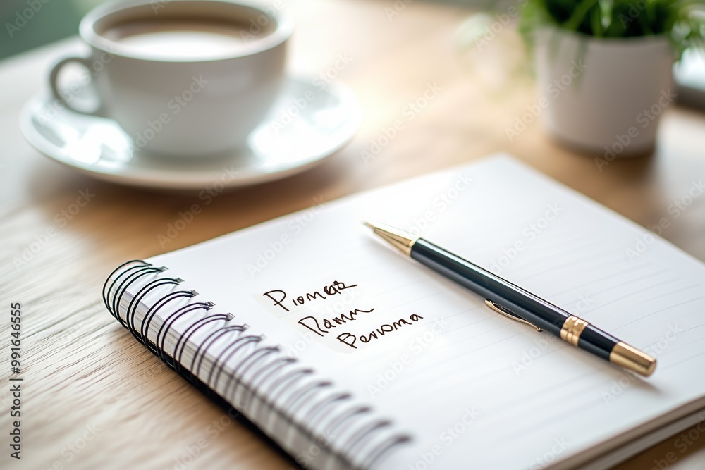 A cozy workspace featuring a cup of coffee, an open notebook, and a pen for writing ideas A cozy workspace featuring a cup of coffee, an open notebook, and a pen for writing ideas