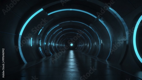 Digital animation of a blue light-filled tunnel with circular shapes.