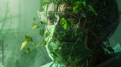 A surgeon with a mask made of living vines that filter the air and provide oxygen, connecting the surgeon to the natural world during surgery photo