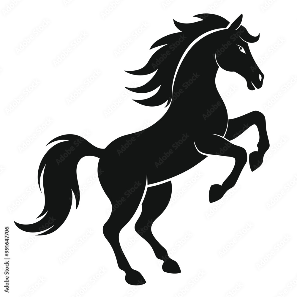 Obraz premium a black silhouette of a horse rearing up on its hind legs. The horse appears to be in mid-stride, with its front legs stretched out and its head turned to the side 