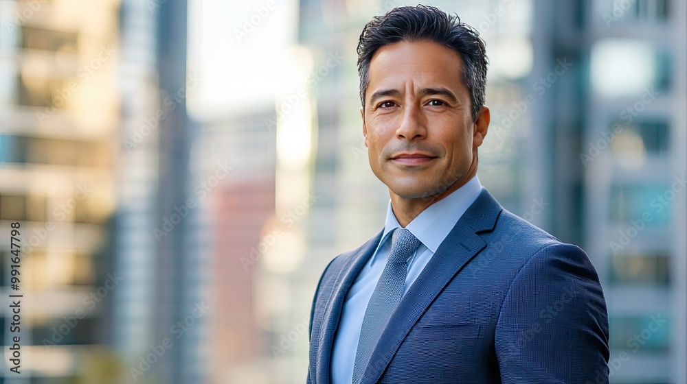 A confident, mature Hispanic man in a tailored suit, posed outdoors with the blurred outline of a business center in the background, exuding leadership and professionalism. A confident, mature Hispanic man in a tailored suit, posed outdoors with the blurred outline of a business center in the background, exuding leadership and professionalism.