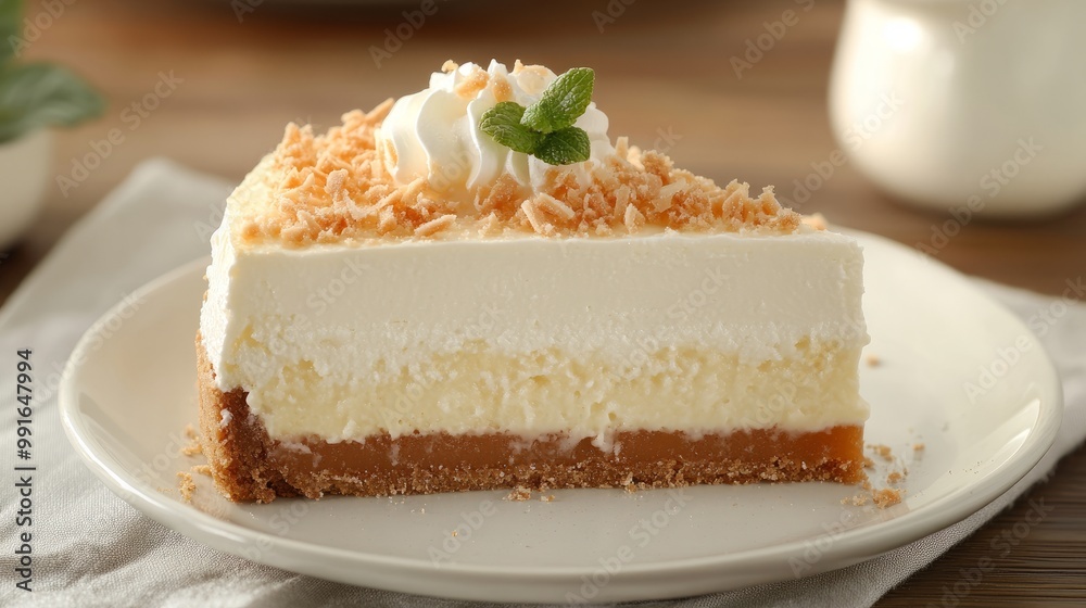 A slice of cheesecake with a graham cracker crust, topped with whipped cream, coconut flakes, and a mint leaf. A slice of cheesecake with a graham cracker crust, topped with whipped cream, coconut flakes, and a mint leaf.