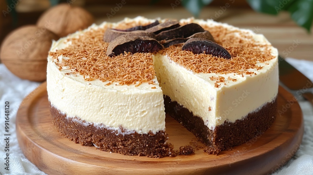 A slice of creamy coconut cheesecake on a wooden platter. A slice of creamy coconut cheesecake on a wooden platter.