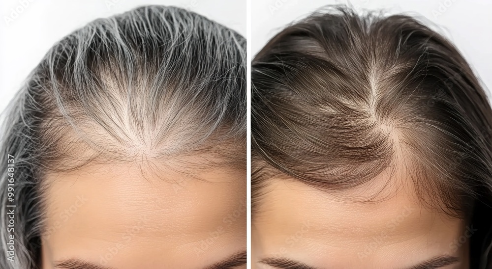 Fototapeta premium Young woman with gray hair before and after coloring treatment 