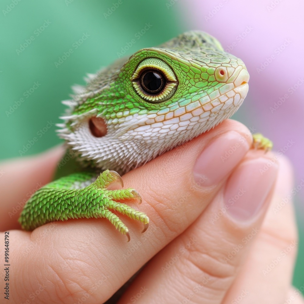 Obraz premium A vibrant green lizard perched gently on a person's hand in a serene outdoor setting