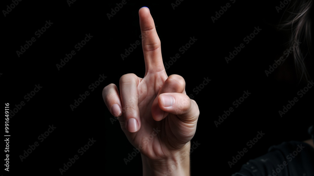 Close-up of hand showing middle finger gesture against dark background, conveying defiance, anger, or rebellion through offensive nonverbal communication Close-up of hand showing middle finger gesture against dark background, conveying defiance, anger, or rebellion through offensive nonverbal communication
