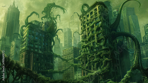 A surreal depiction of a city where Mpox has turned buildings into organic structures, with the virus growing like vines over the architecture photo