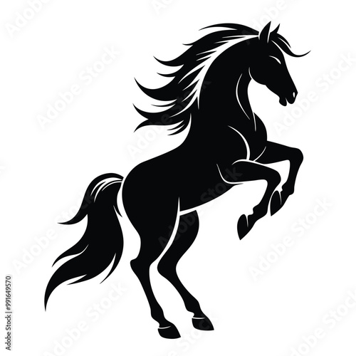 a black silhouette of a horse rearing up on its hind legs. The horse appears to be in mid-stride, with its front legs stretched out and its head turned to the side 