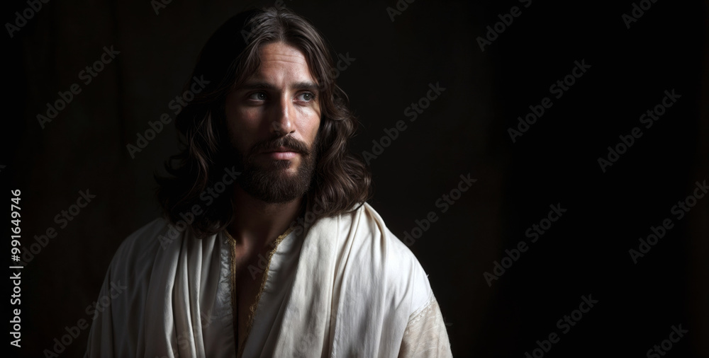 Obraz premium Contemplative man with long hair and beard in white robe, dark background portrait evoking religious imagery and spiritual themes