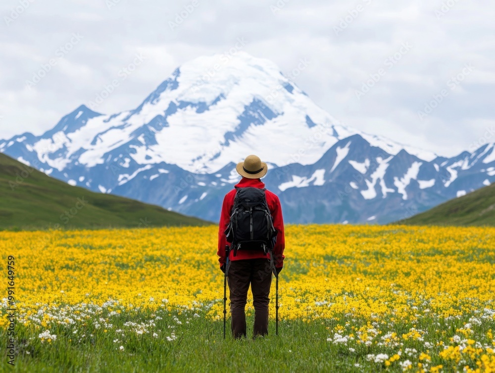 Hiker Enjoying a Spring Meadow with Mountain View Hiker Enjoying a Spring Meadow with Mountain View