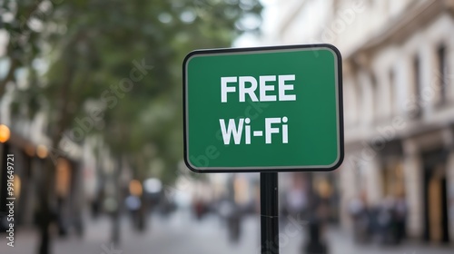 A green street sign indicates free Wi-Fi availability in an urban setting, with a blurred city background of buildings and trees.