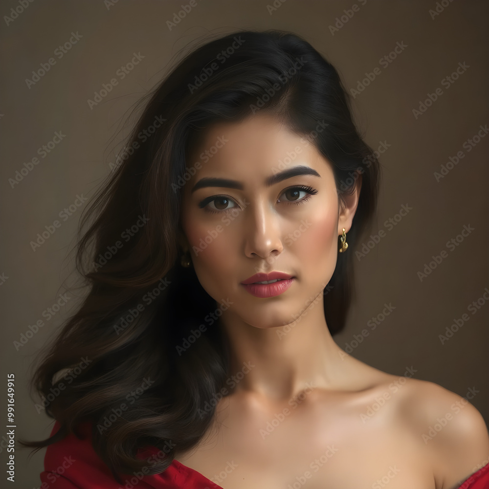 Un acercamiento muy impresionante al lindo rostro de una mujer con pelo negro y largo Un acercamiento muy impresionante al lindo rostro de una mujer con pelo negro y largo