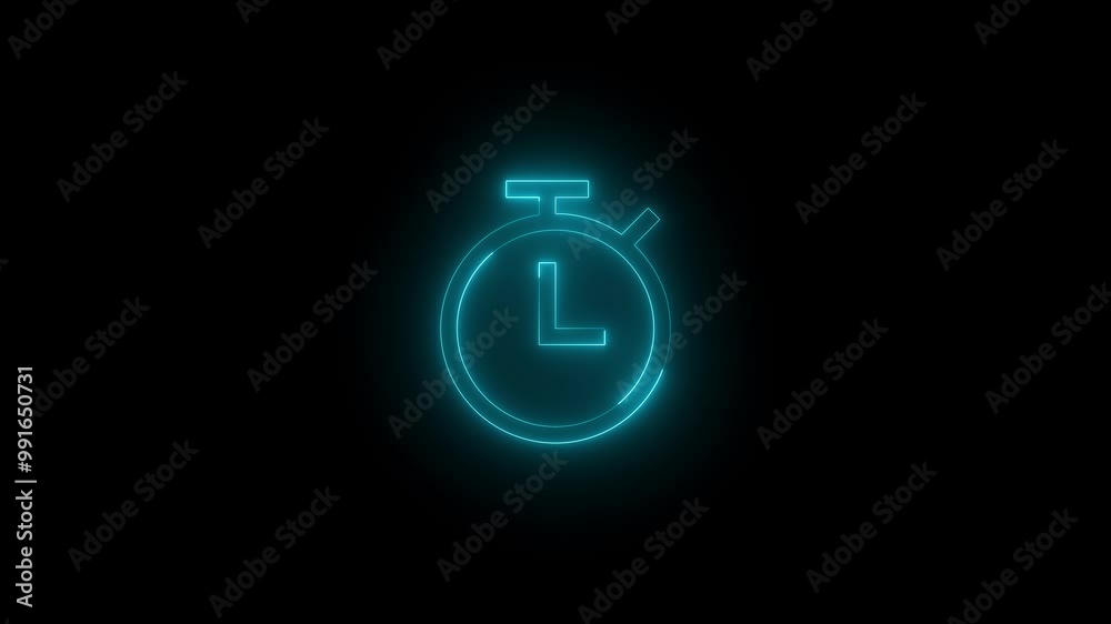 Neon stopwatch icon cyan glowing black background animation Neon stopwatch icon cyan glowing black background animation