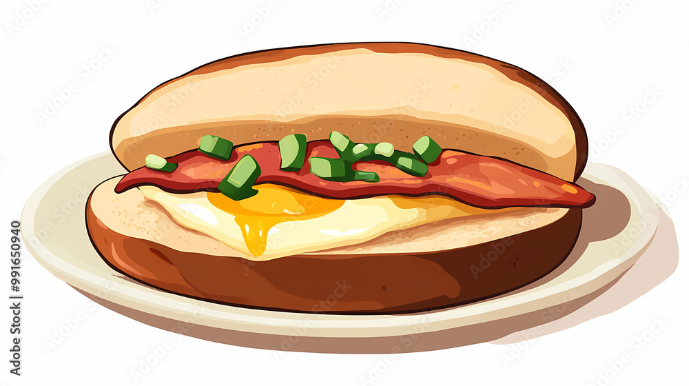 A delicious bacon and egg sandwich with fresh green onions, perfect for breakfast A delicious bacon and egg sandwich with fresh green onions, perfect for breakfast