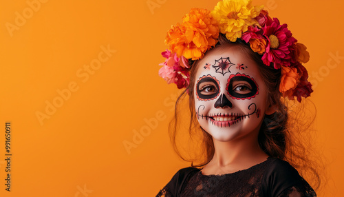 Jovem sorridente com maquiagem tradicional de caveira de açúcar do Dia de los Muertos e uma coroa de flores vibrantes em um fundo laranja. photo