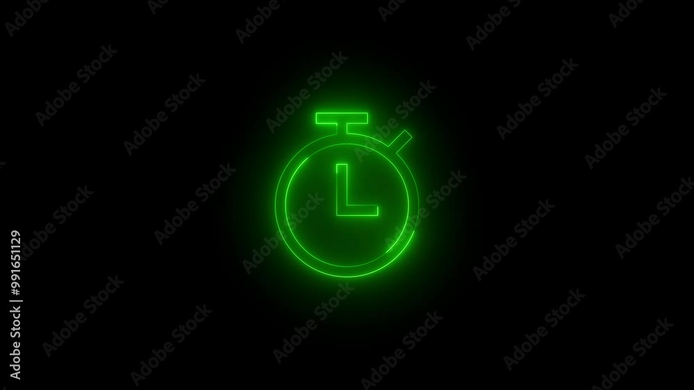 Neon stopwatch icon green glowing black background animation