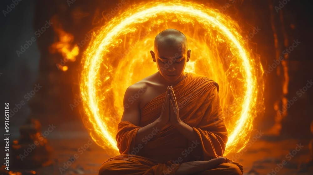 A serene monk meditates in a magical aura of fire, embodying peace and spiritual enlightenment in an enchanting atmosphere. A serene monk meditates in a magical aura of fire, embodying peace and spiritual enlightenment in an enchanting atmosphere.
