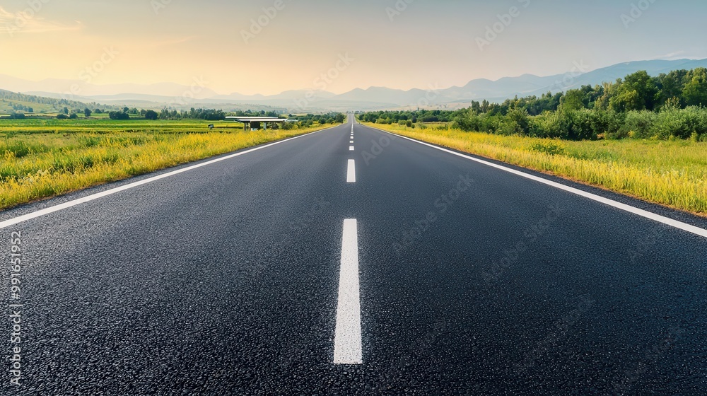 Highway with a rest area visible on the side, highway rest stop, traveler s infrastructure Highway with a rest area visible on the side, highway rest stop, traveler s infrastructure