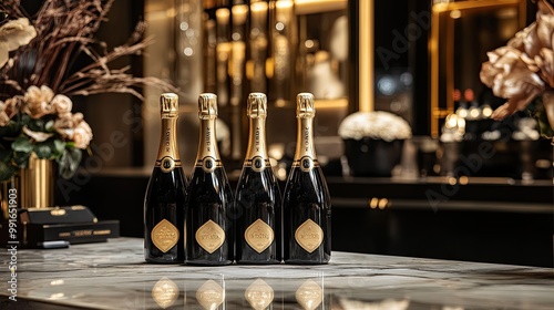 Champagne bottles beautifully arranged on a marble surface, surrounded by elegant gold accents. The setting exudes luxury, with warm lighting enhancing the opulent vibe. photo