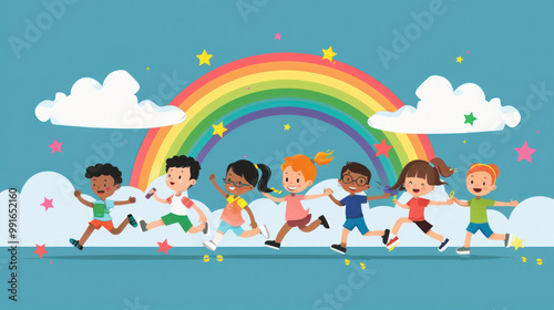 A team of children crossing a finish line in a race where their business ideas propel them forward, with a rainbow arching overhead to symbolize their success
