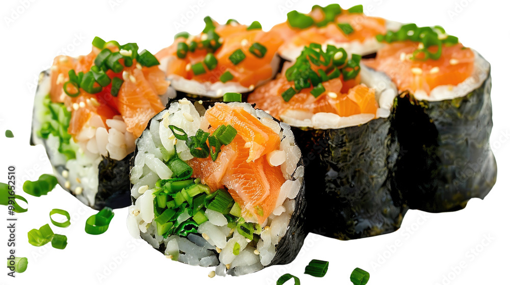 Fresh and Delicious Sushi Rolls with Salmon and Green Onions on White Background Fresh and Delicious Sushi Rolls with Salmon and Green Onions on White Background