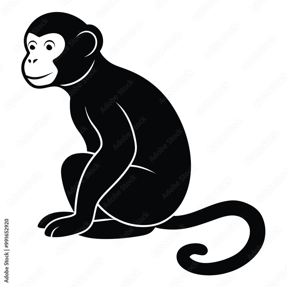 Obraz premium a black silhouette of a monkey. The monkey is sitting on its hind legs with its front paws on the ground and its tail curled around its body