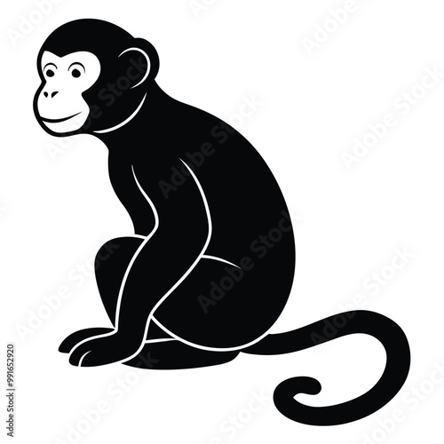 a black silhouette of a monkey. The monkey is sitting on its hind legs with its front paws on the ground and its tail curled around its body