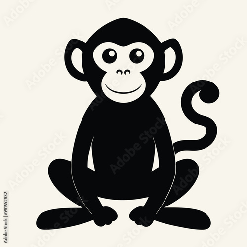 a black silhouette of a monkey. The monkey is sitting on its hind legs with its front paws on the ground and its tail curled around its body