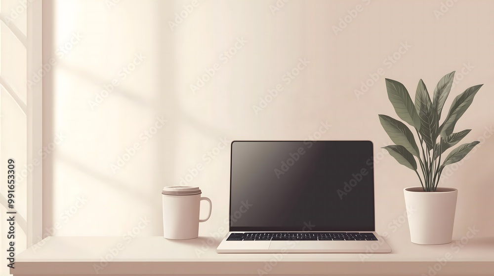 A minimalist desk setup with a single laptop A minimalist desk setup with a single laptop