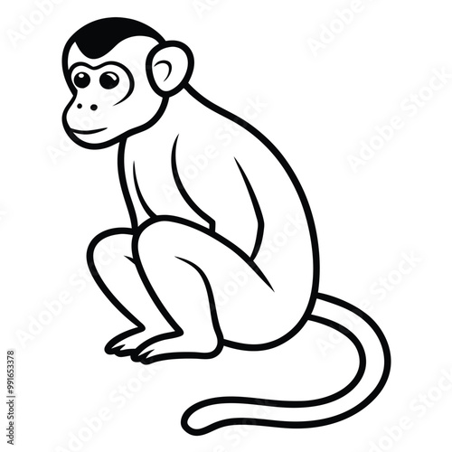 a black silhouette of a monkey. The monkey is sitting on its hind legs with its front paws on the ground and its tail curled around its body