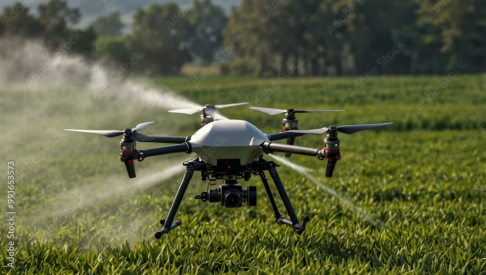 Drones spraying pesticides over large areas efficiently. Drones spraying pesticides over large areas efficiently.