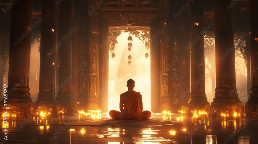 A serene meditation scene featuring a silhouette of a figure surrounded by warm candlelight in a tranquil temple. A serene meditation scene featuring a silhouette of a figure surrounded by warm candlelight in a tranquil temple.