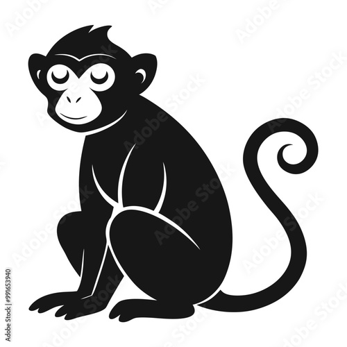 a black silhouette of a monkey. The monkey is sitting on its hind legs with its front paws on the ground and its tail curled around its body