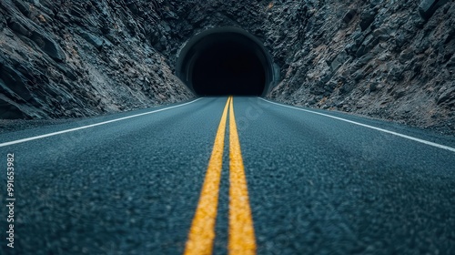 Asphalt road leading to a tunnel entrance, surrounded by rocky terrain, tunnel entrance, mountain infrastructure photo