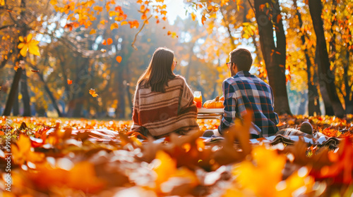 Cozy autumn picnic: couple enjoying fall foliage in scenic park setting