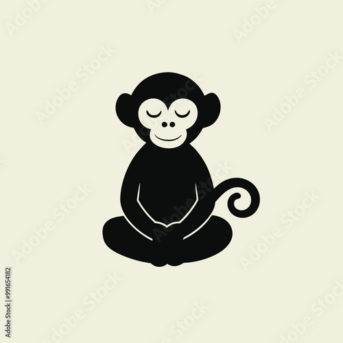 a black silhouette of a monkey. The monkey is sitting on its hind legs with its front paws on the ground and its tail curled around its body