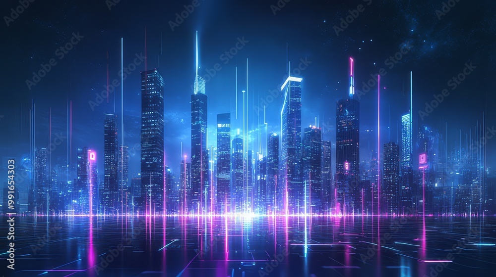 A vibrant digital cityscape illuminated by neon lights, showcasing tall skyscrapers and futuristic technology. A vibrant digital cityscape illuminated by neon lights, showcasing tall skyscrapers and futuristic technology.