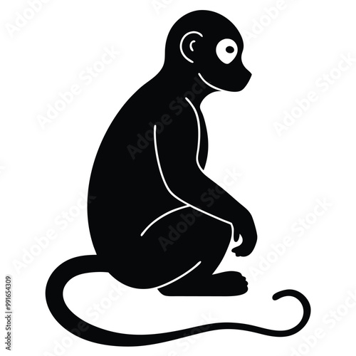 a black silhouette of a monkey. The monkey is sitting on its hind legs with its front paws on the ground and its tail curled around its body