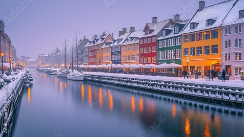 A walk along Copenhagen’s Nyhavn harbor, where colorful houses are dusted with snow. The reflections of lights in the water and people walking along the waterfront create a peaceful winter scene