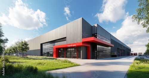 Modern Industrial Building with Red Accents