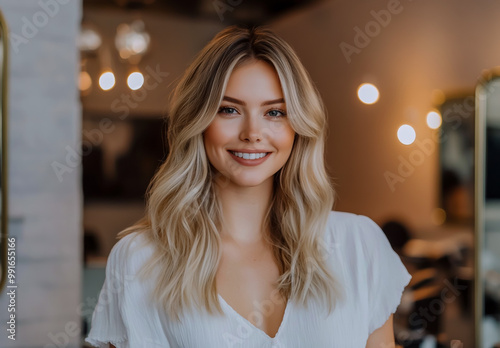 Smiling blonde woman with long hair, wearing a white top, sitting in front of a mirror at her salon chair.