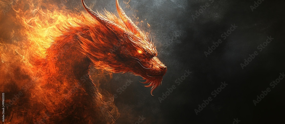 Naklejka premium Fiery Dragon Head in a Dark Atmosphere