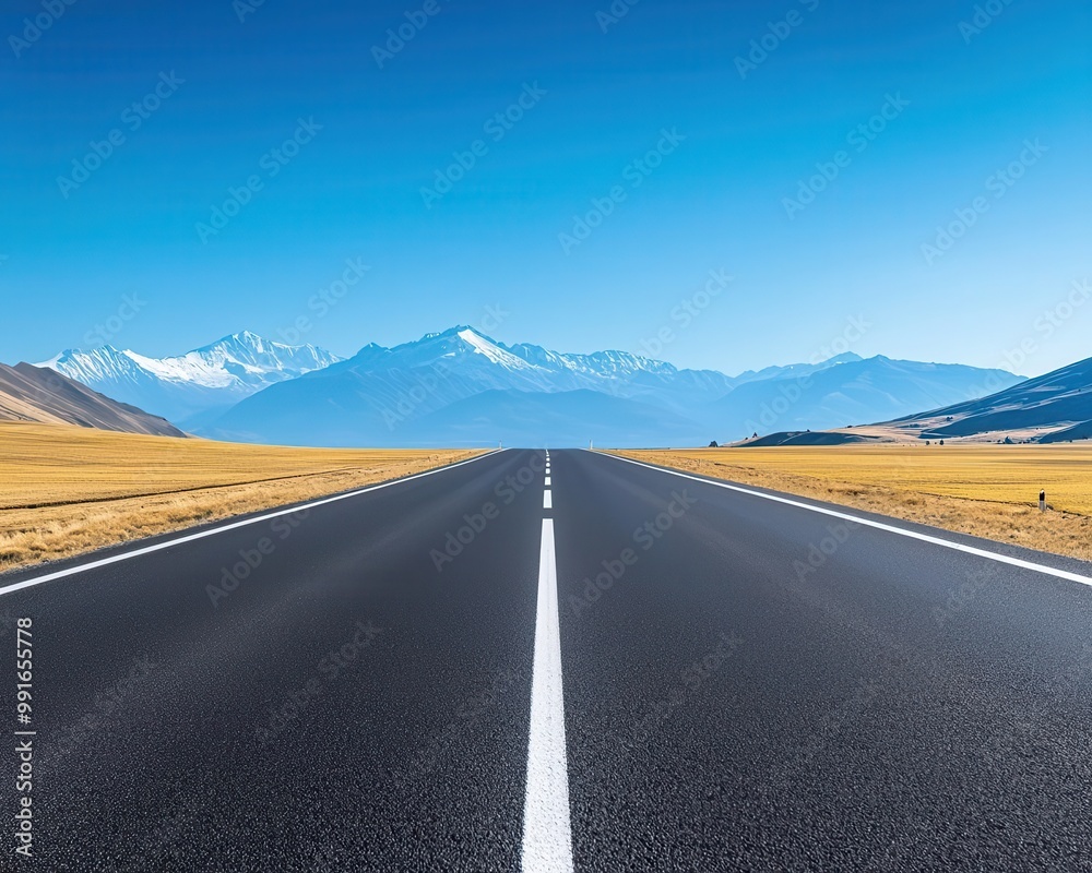 Highway with expansive views of fields and mountains, open highway, countryside infrastructure