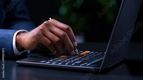 Late Night Calculations: A close-up of a businessman's hands working diligently on a calculator, a symbol of dedication and focus in a dimly lit setting. 