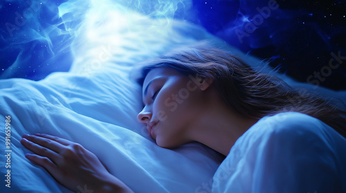 Bezaubernde schlafende Frau in Sonnenlicht. Friedliches Träumen, natürliche Schönheit. Morgenstimmung, Wellness-Konzept. Entspanntes Porträt, sanfte Atmosphäre