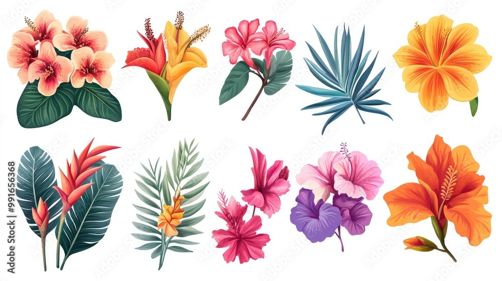 Vector illustrations of exotic tropical flowers, with intricate details and bold colors, ideal for adding a tropical touch to any design. Vector illustrations of exotic tropical flowers, with intricate details and bold colors, ideal for adding a tropical touch to any design.
