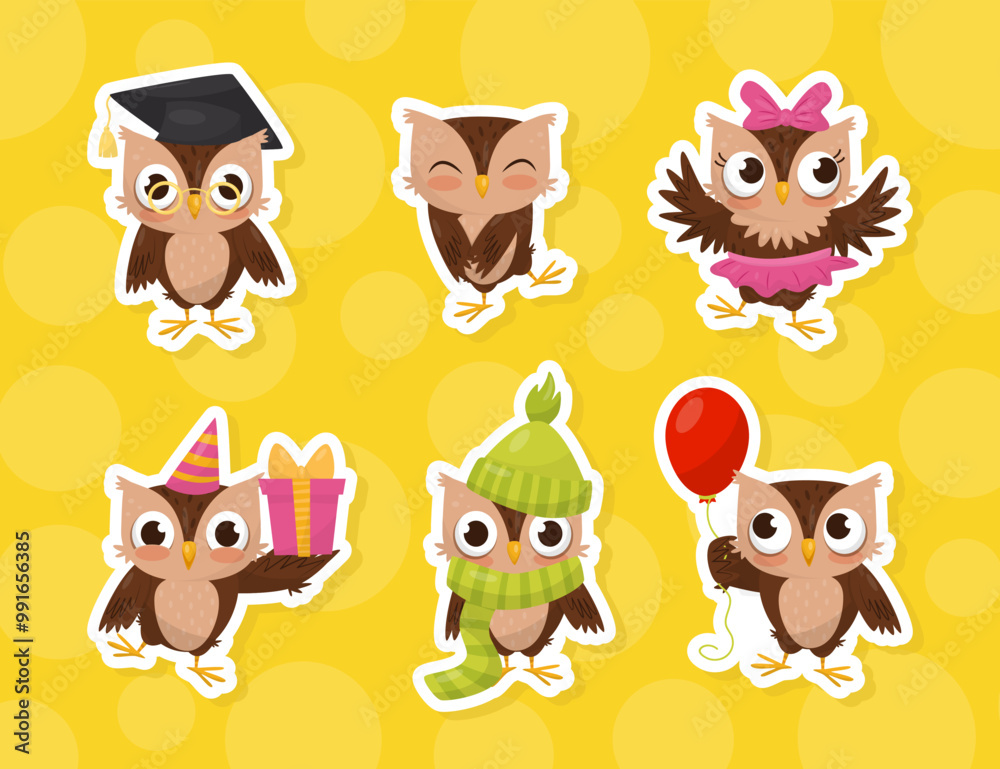 Fototapeta premium Funny Brown Owl Character with Feather Vector Sticker Set