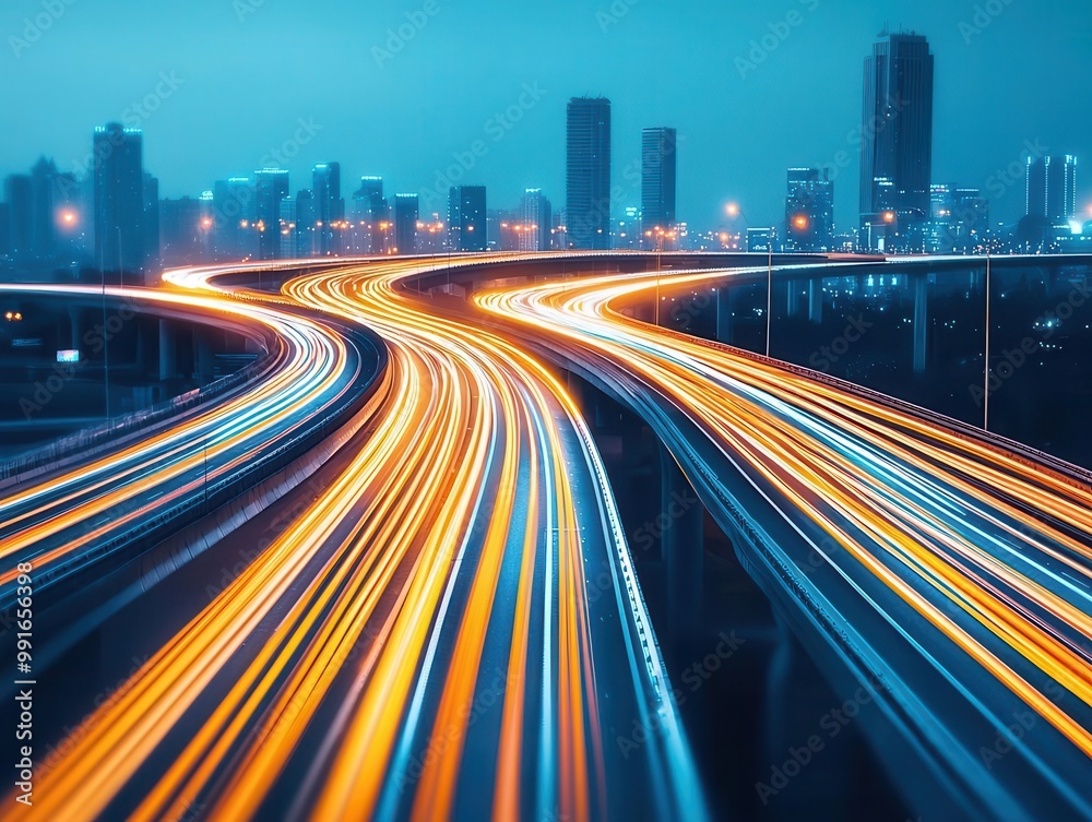 Fototapeta premium Elevated highway with multiple lanes and intricate overpasses, city skyline in the background, elevated highway, urban network